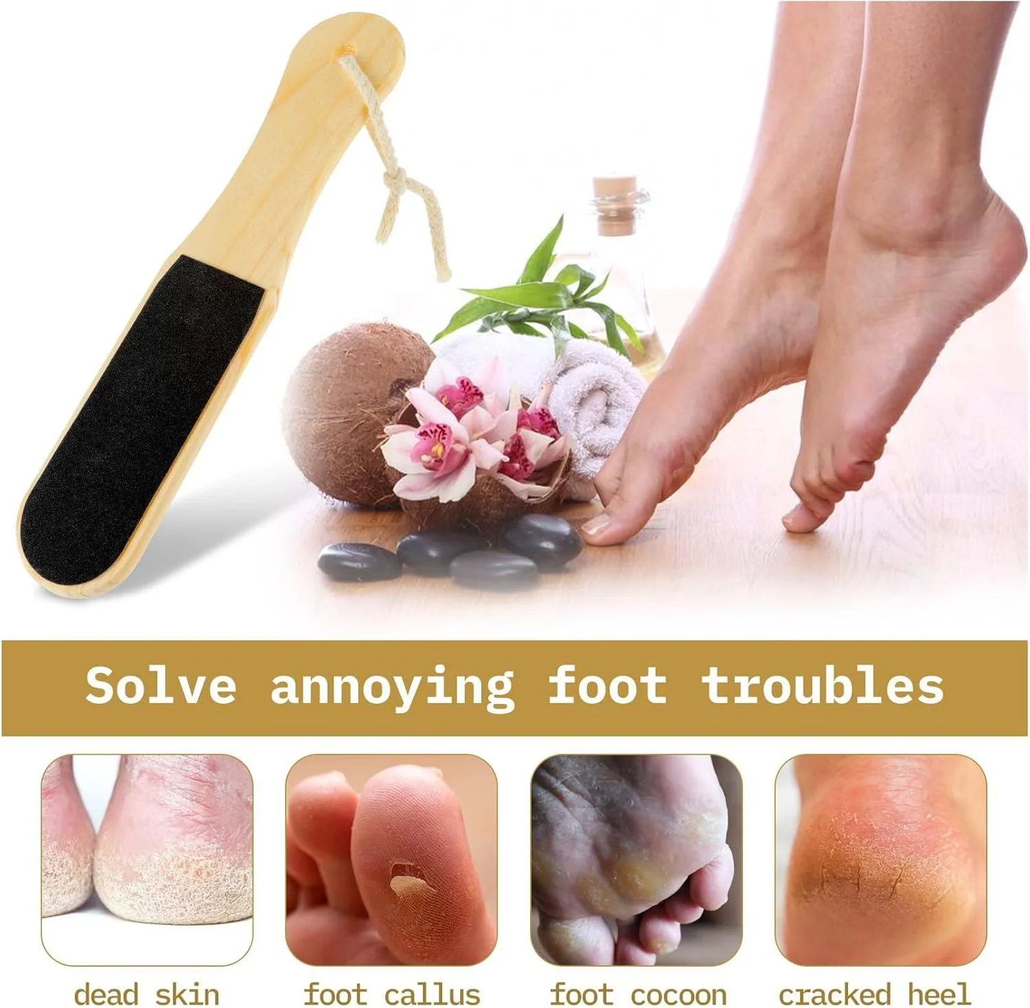 سوهان چوبی دو طرفه پا، سوهان پدیکور پا و از بین برنده پینه و پوست ترک خورده، ابزار برس سوهان پا (بسته 2 عددی)