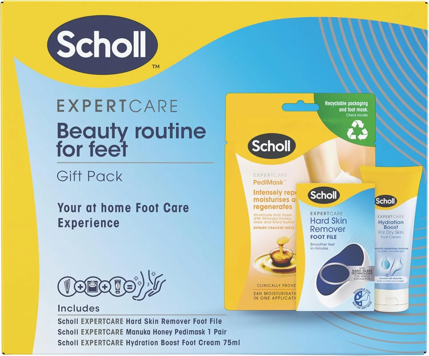 مجموعه روتین زیبایی شول - جوراب ماسک پا عسل مانوکا - سوهان پای ExpertCare برای پوست سفت و کرم مرطوب کننده روزانه ExpertCare Hydration Boost 75 میلی لیتر، ست های پدیکور برای پا، هدیه برای خانم ها