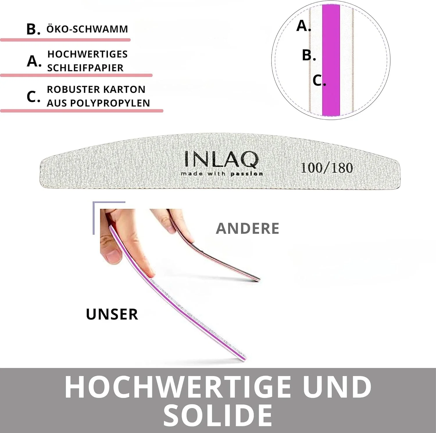 سوهان ناخن دو طرفه بسته 10 عددی - درجه زبری 100/180، سمباده ناخن | بادوام و چند منظوره برای ناخن های طبیعی و کاشت - ایده آل برای مانیکور و پدیکور | سفید
