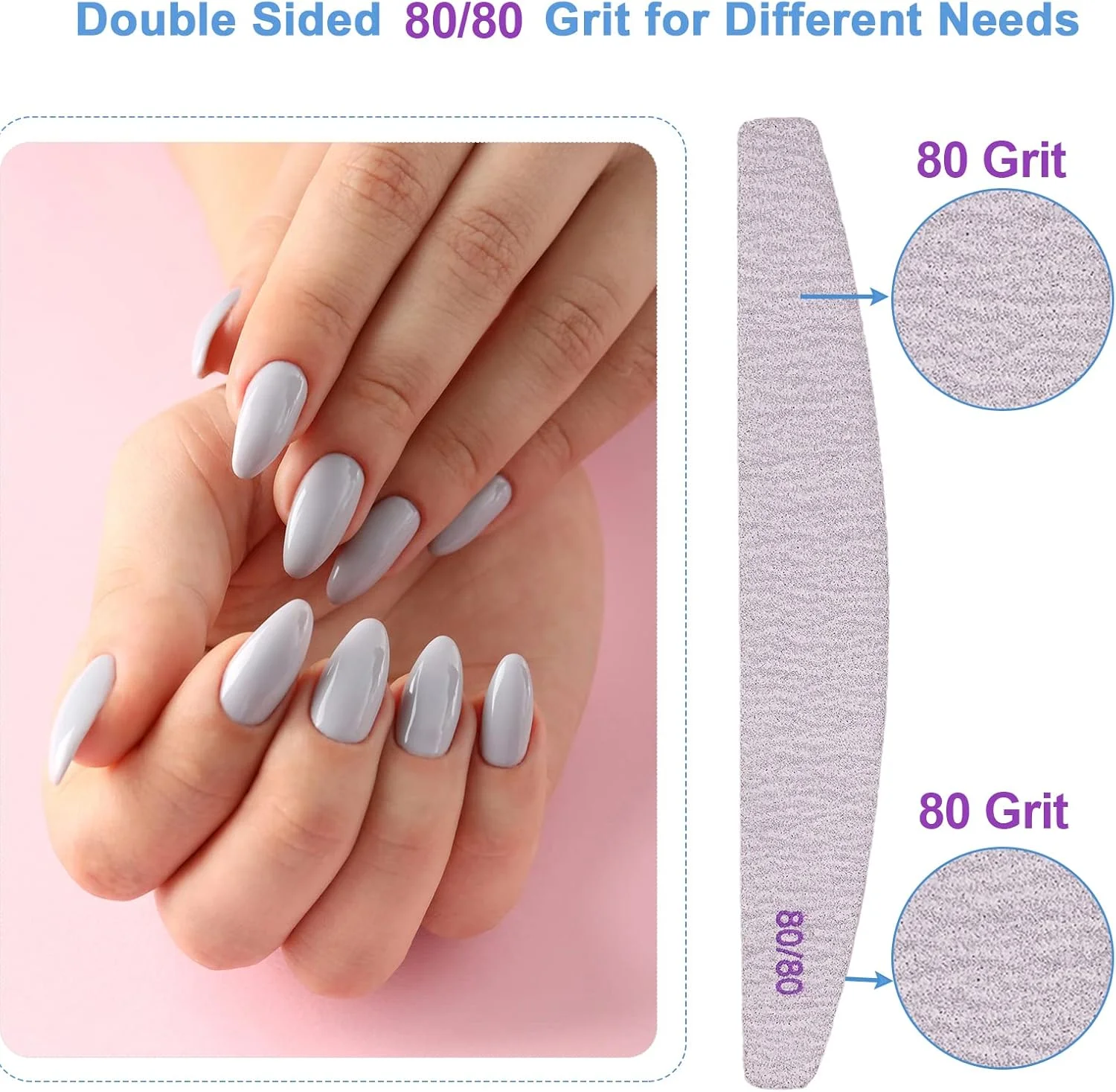 سوهان ناخن درجه زبری 80/80 (بسته 100 عددی)، تخته سنباده برای ناخن های اکریلیک و ناخن های ژلی، سوهان ناخن زبر درجه 80 دو طرفه، سوهان ناخن حرفه ای قابل شستشو و استفاده مجدد، مانیکور خمیده خاکستری عمده