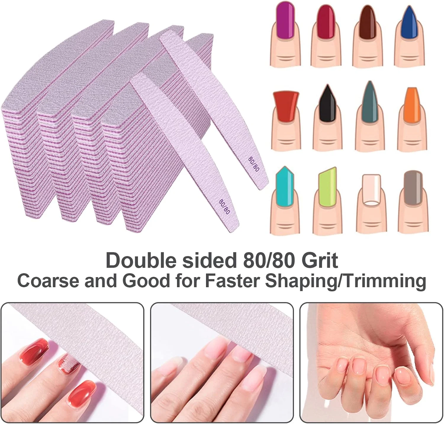 سوهان ناخن درجه زبری 80/80 (بسته 100 عددی)، تخته سنباده برای ناخن های اکریلیک و ناخن های ژلی، سوهان ناخن زبر درجه 80 دو طرفه، سوهان ناخن حرفه ای قابل شستشو و استفاده مجدد، مانیکور خمیده خاکستری عمده