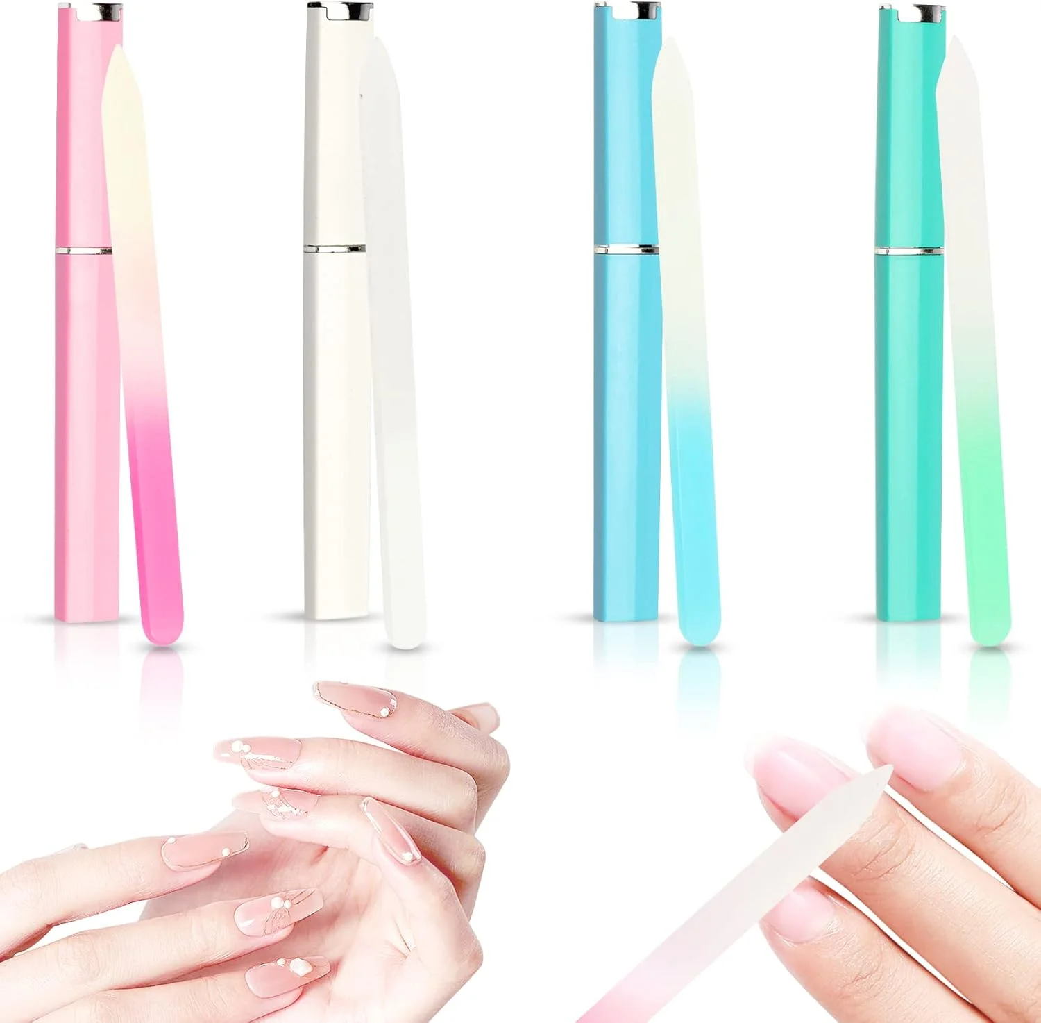 مجموعه 4 عددی سوهان ناخن شیشه ای Meschett با جعبه، سوهان ناخن شیشه ای دو طرفه برای ناخن های طبیعی، ابزار مراقبت از ناخن کریستالی حرفه ای برای سالن های زنانه، Aset