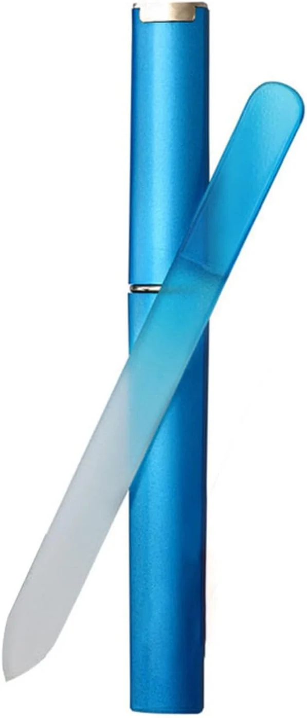 سوهان ناخن شیشه ای با جعبه، سوهان دو طرفه با سطح حکاکی شده، ابزار حرفه ای مانیکور ناخن طبیعی برای بانوان، هدیه (آبی)