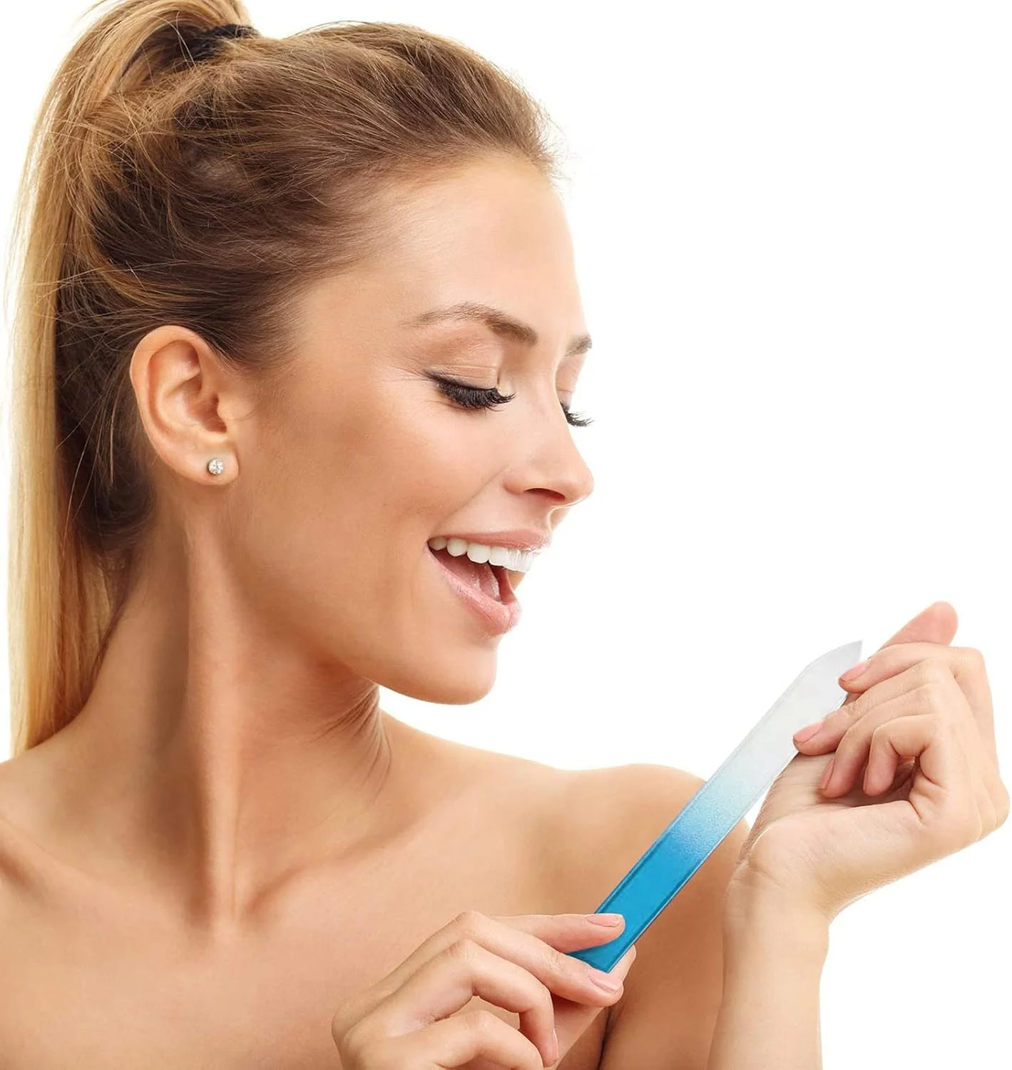 سوهان ناخن شیشه ای با جعبه، سوهان دو طرفه با سطح حکاکی شده، ابزار حرفه ای مانیکور ناخن طبیعی برای بانوان، هدیه (آبی)