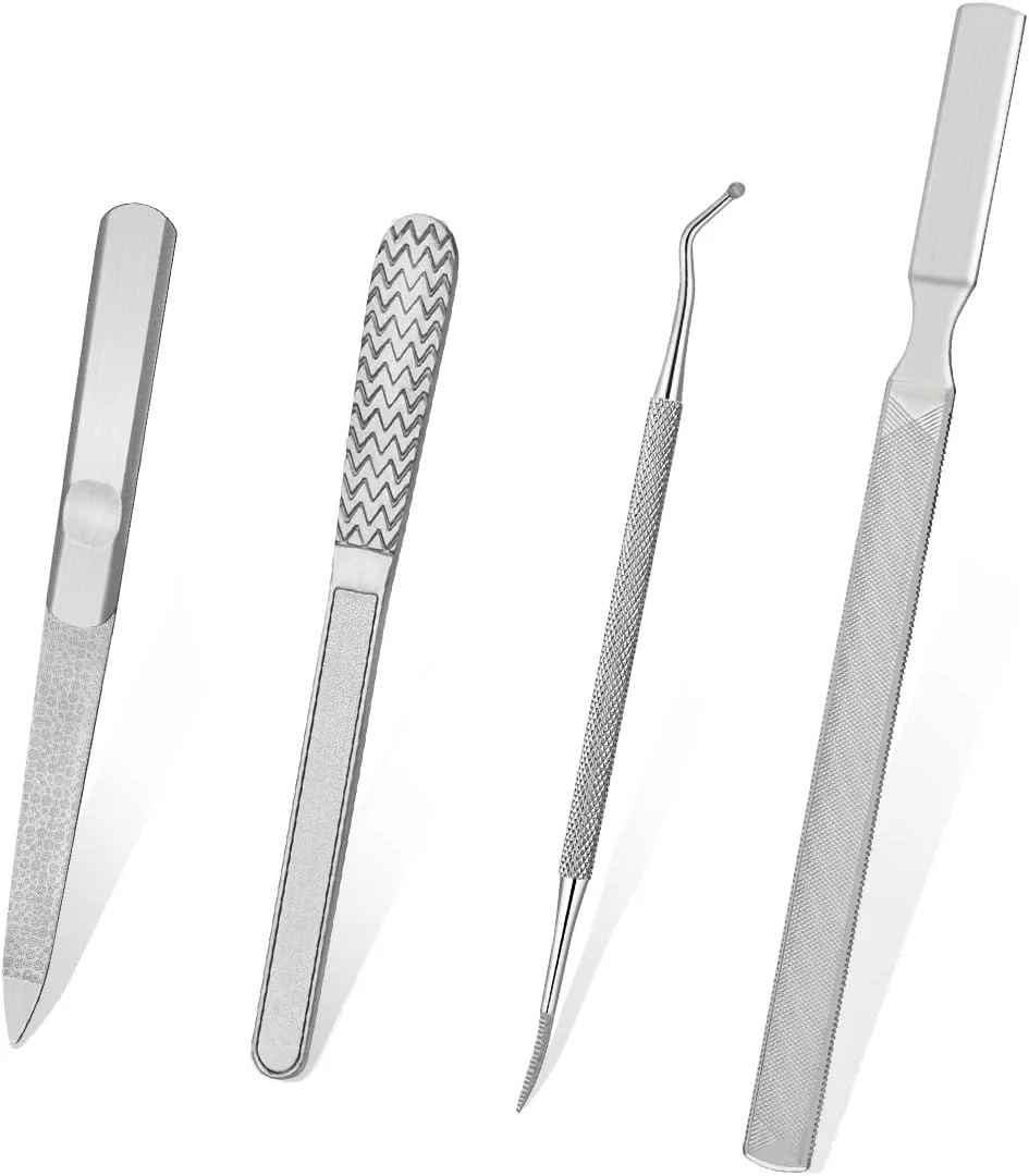 مجموعه 4 عددی سوهان ناخن استیل ضد زنگ Tenalleys با دسته ضد لغزش، سوهان مانیکور قابل استفاده مجدد و ابزار بلند کردن ناخن برای از بین بردن پینه و پوست مرده مناسب برای استفاده در منزل و سالن