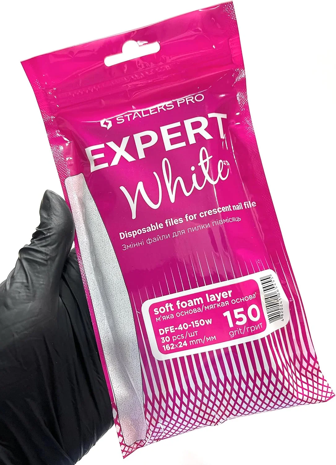 سمباده هلالی یکبار مصرف سفید STALEKS PRO Expert 40 برای پایه سوهان ناخن (دانه بندی 150، 30 عدد) – سوهان های سمباده ای لایه فوم نرم برای پرداخت ناخن مصنوعی (162x24 میلی متر)