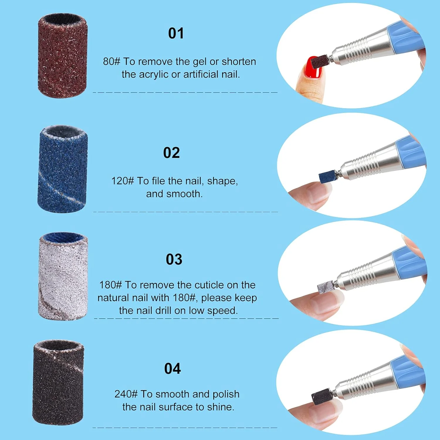 ست نوارهای سنباده فاوونو، 400 عدد نوار سنباده به همراه 2 عدد سری سوهان ناخن برای دستگاه سوهان برقی مانیکور، درجه زبری 80# 120# 180# 240#، 100 عدد از هر کدام