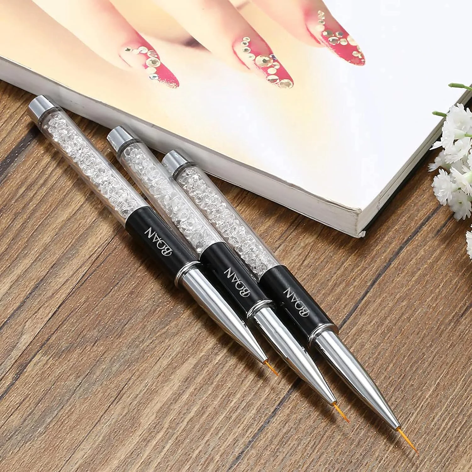 قلم طراحی ناخن Fawoonu، قلم موی طراحی ناخن 9 میلی متری کریستالی اکریلیک، قلم موی طراحی ژل UV، ابزار طراحی خط ناخن، قلم موی موی نایلونی، ابزار مانیکور