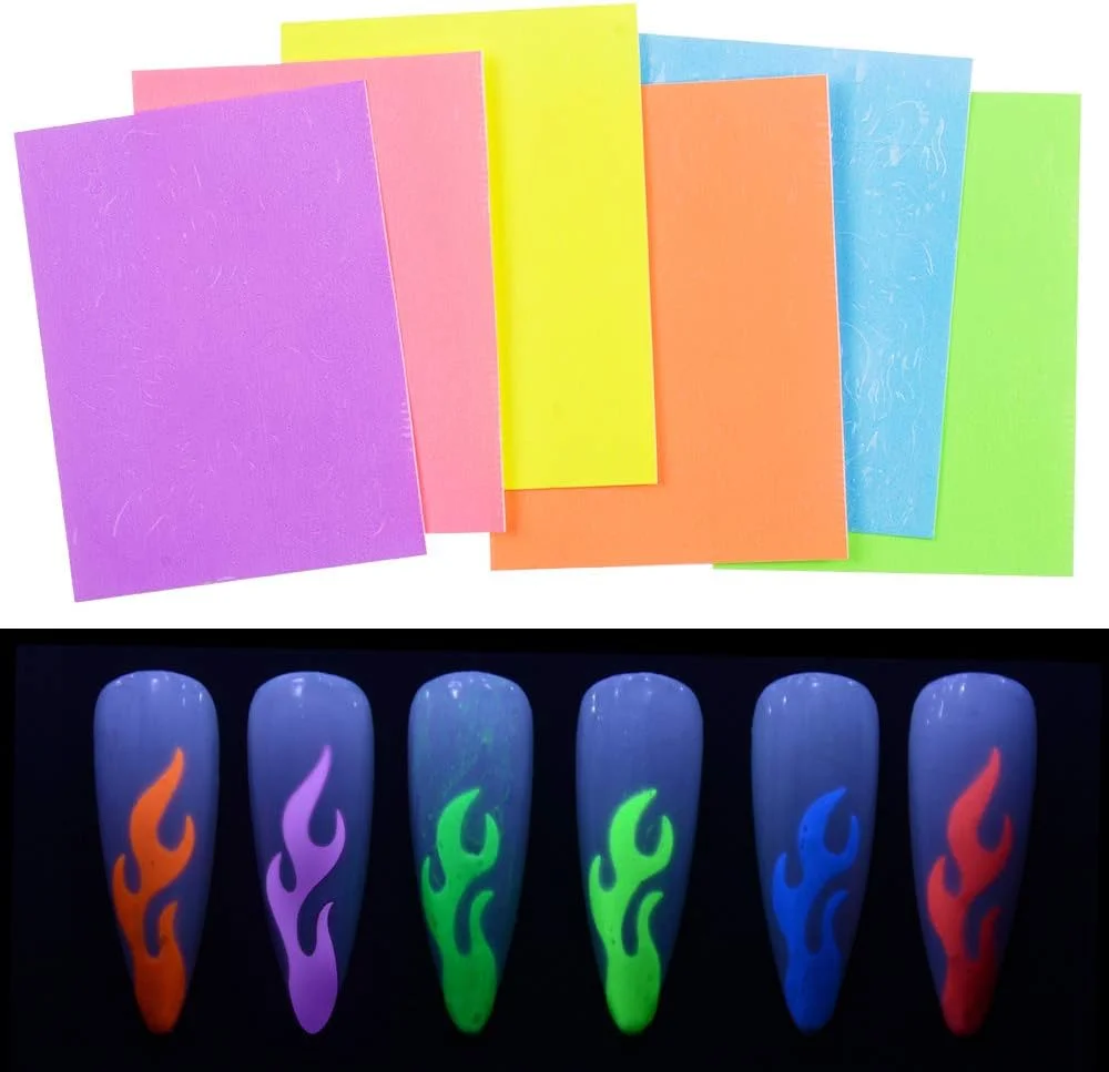 برچسب ناخن Fawoonu، 6 رنگ/ست برچسب ناخن شعله ای فلورسنت برچسب های هنری خود چسب نورانی Aurora