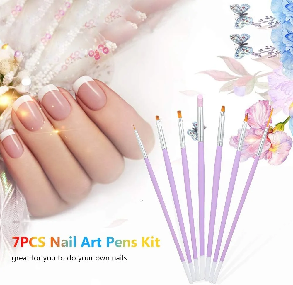 قلم های طراحی ناخن Fawoonu، ست 7 عددی قلم طراحی ناخن، برس های خط کشی ناخن، قلم های ژل طراحی، برس ناخن اکریلیک، قلم پاک کننده پوست ناخن، ابزار ناخن