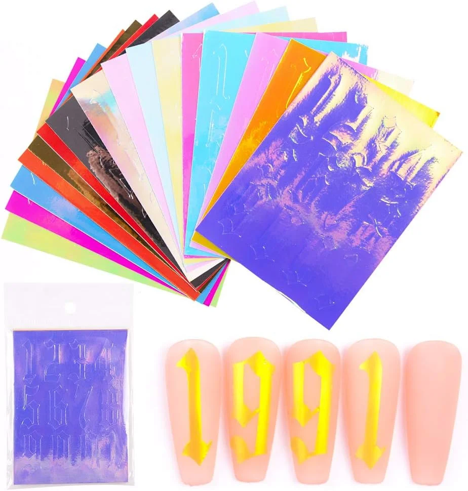 برچسب ناخن Fawoonu، 16 رنگ برچسب هنری ناخن با طرح اعداد چسبی برای طراحی ناخن