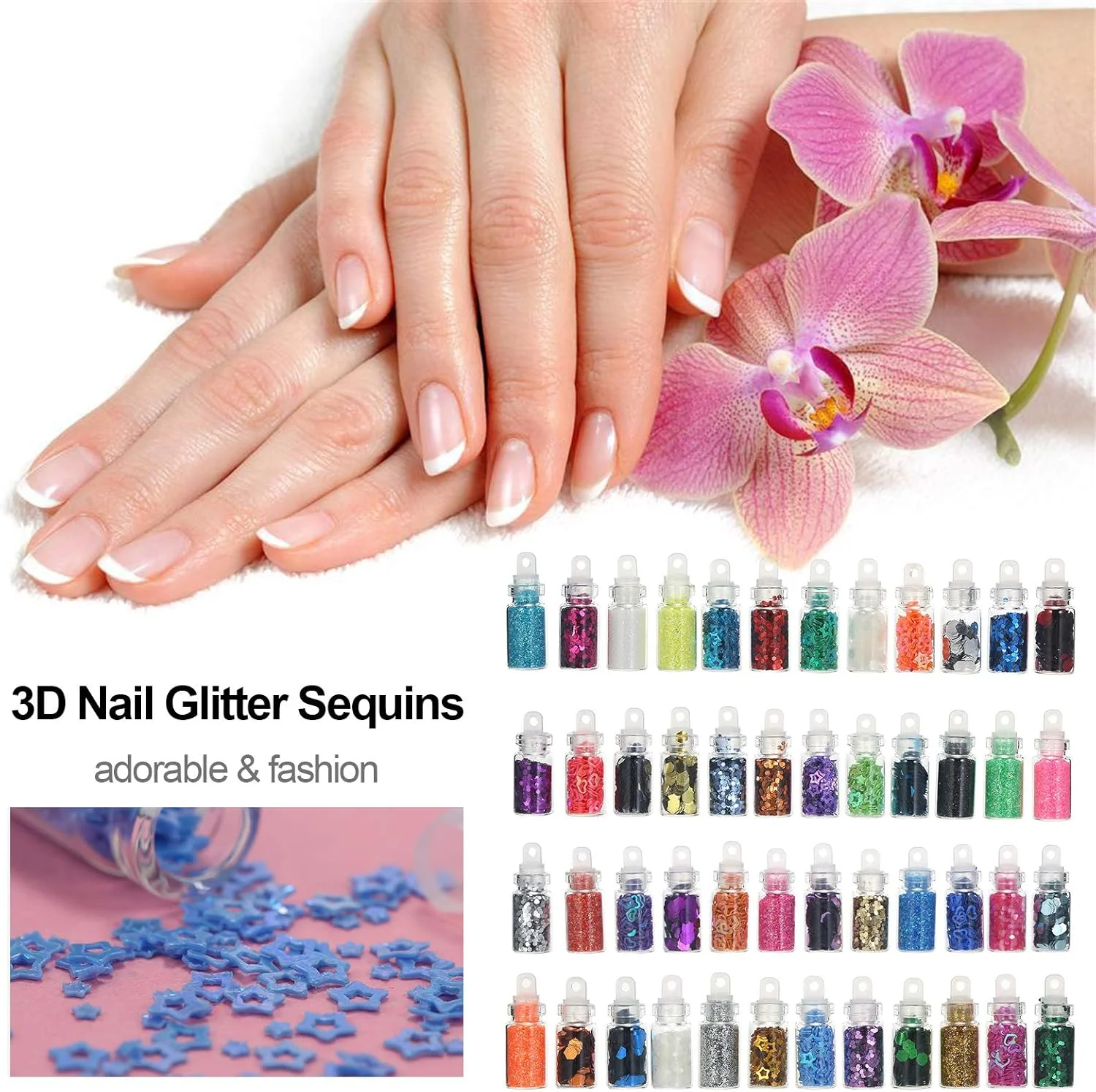 اکلیل ناخن Fawoonu، مجموعه 48 شیشه پولک اکلیل ناخن سه بعدی، برچسب های اکلیلی براق برای تزئین ناخن، رنگ ها و اشکال مختلف