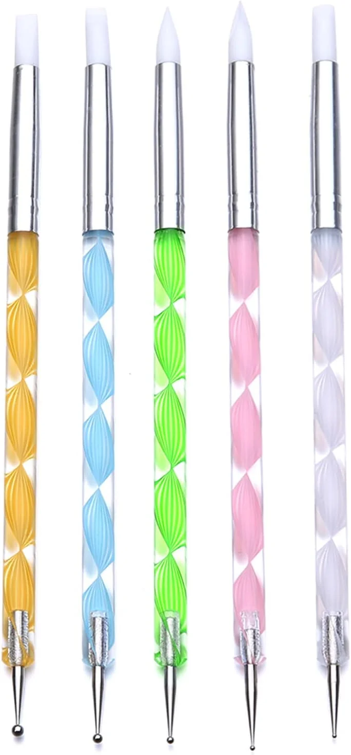 قلم طراحی ناخن Fawoonu، ست 5 عددی قلم نقطه گذاری ناخن دو سر، قلم طراحی ناخن سیلیکونی، برس ناخن اکریلیک برای طراحی سه بعدی و ابزار نقطه گذاری