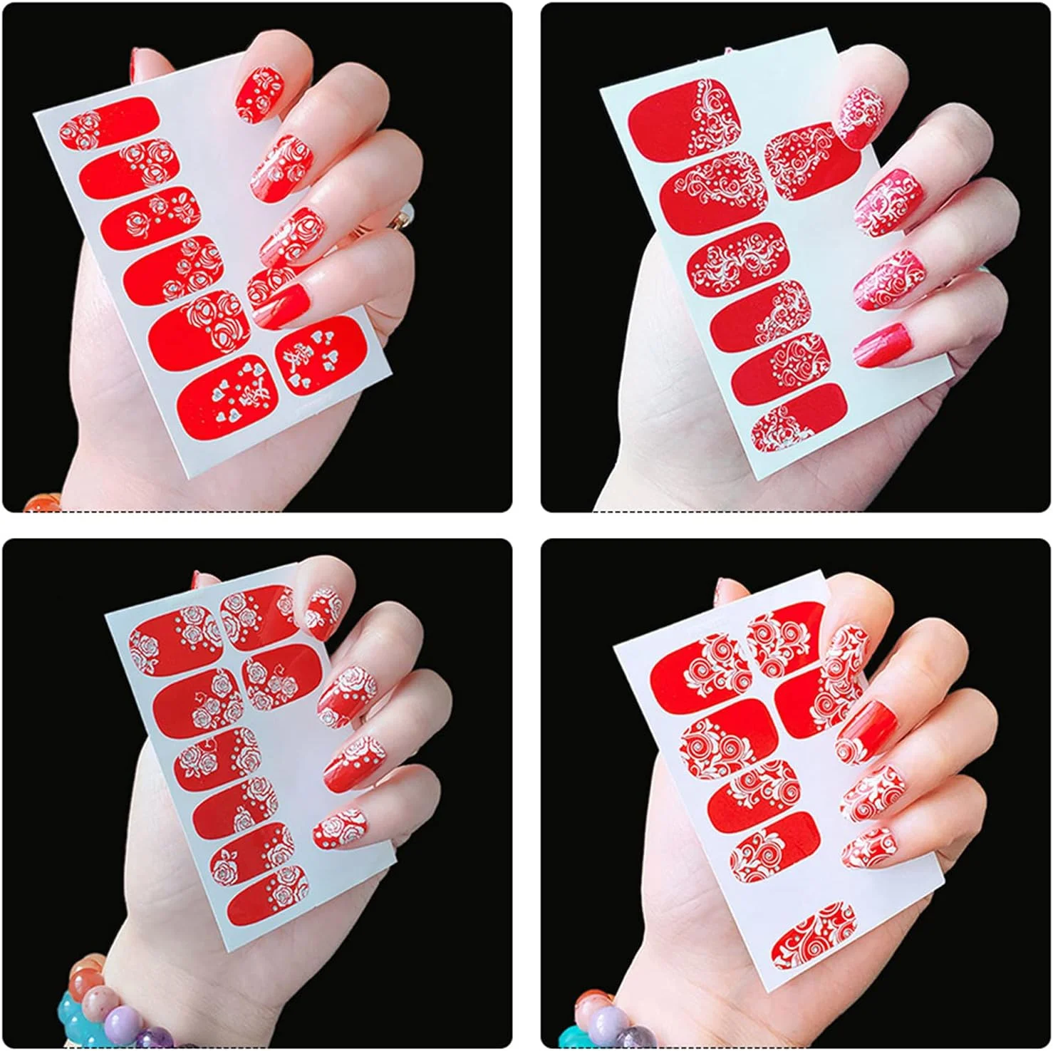 برچسب طراحی ناخن Fawoonu، 4 عدد کاغذ برچسب کامل طراحی ناخن طرح گل های قرمز، برچسب های کامل ناخن برچسب های انتقال کامل ناخن برچسب های مانیکور تزئینات DIY طراحی ناخن