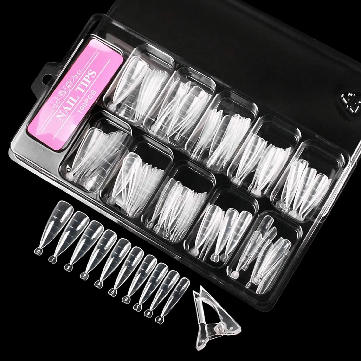 100 عدد تیپ ناخن پپیسکی با گیره ناخن مدرج برای کاشت ناخن، مناسب استفاده در منزل و سالن های مانیکور