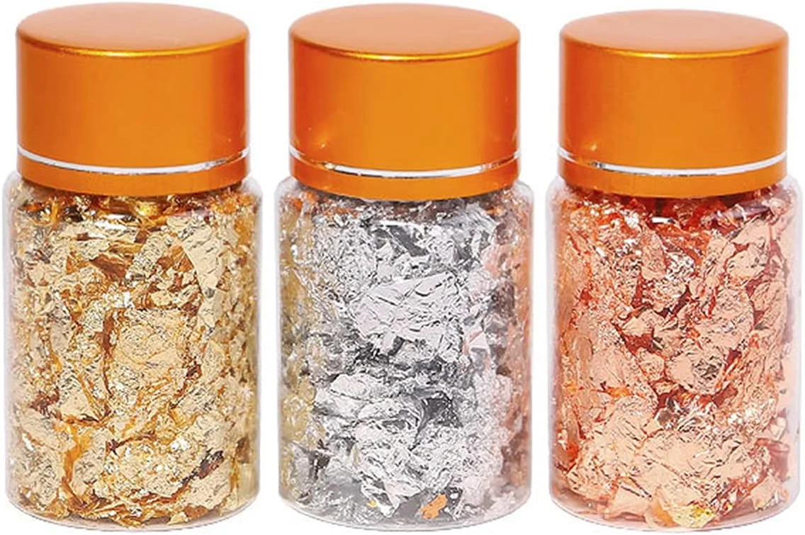 پپیسکی 3 بطری ورقه‌های فویل طلایی، ورقه‌های تزئینی ساخته شده از فویل قلع برای ورقه‌های فویل فلزی برای ناخن، نقاشی DIY، صنایع دستی، اسلایم و ساخت جواهرات رزینی، رنگ‌های طلایی نقره‌ای مسی XB01