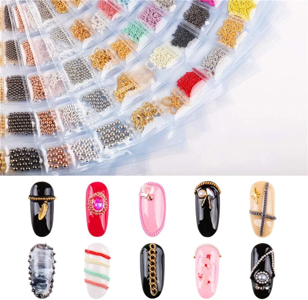 پِپیسکی، تزئینات ناخن فلزی سه بعدی، زنجیر فلزی طلایی، مهره های خطی چند سایزی، جواهرات ناخن برای طراحی ناخن