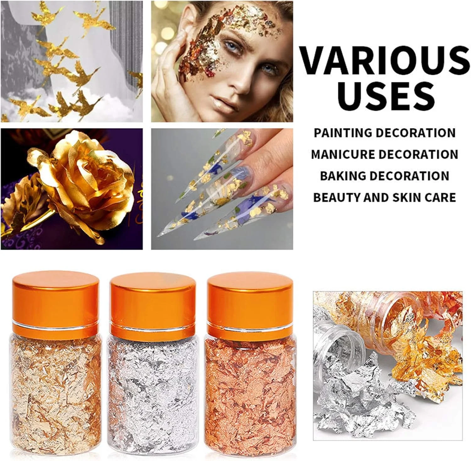 پپیسکی 3 بطری ورقه‌های فویل طلایی، ورقه‌های تزئینی ساخته شده از فویل قلع برای ورقه‌های فویل فلزی برای ناخن، نقاشی DIY، صنایع دستی، اسلایم و ساخت جواهرات رزینی، رنگ‌های طلایی نقره‌ای مسی XB01
