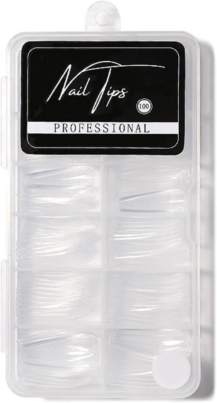 100 عدد ناخن مصنوعی، نوک ناخن شفاف اکریلیک پوشش کامل، نیمه پوشش، ناخن های مصنوعی، نوک ناخن باله ای شکل تابوتی برای سالن های ناخن و هنر ناخن DIY، 10 سایز