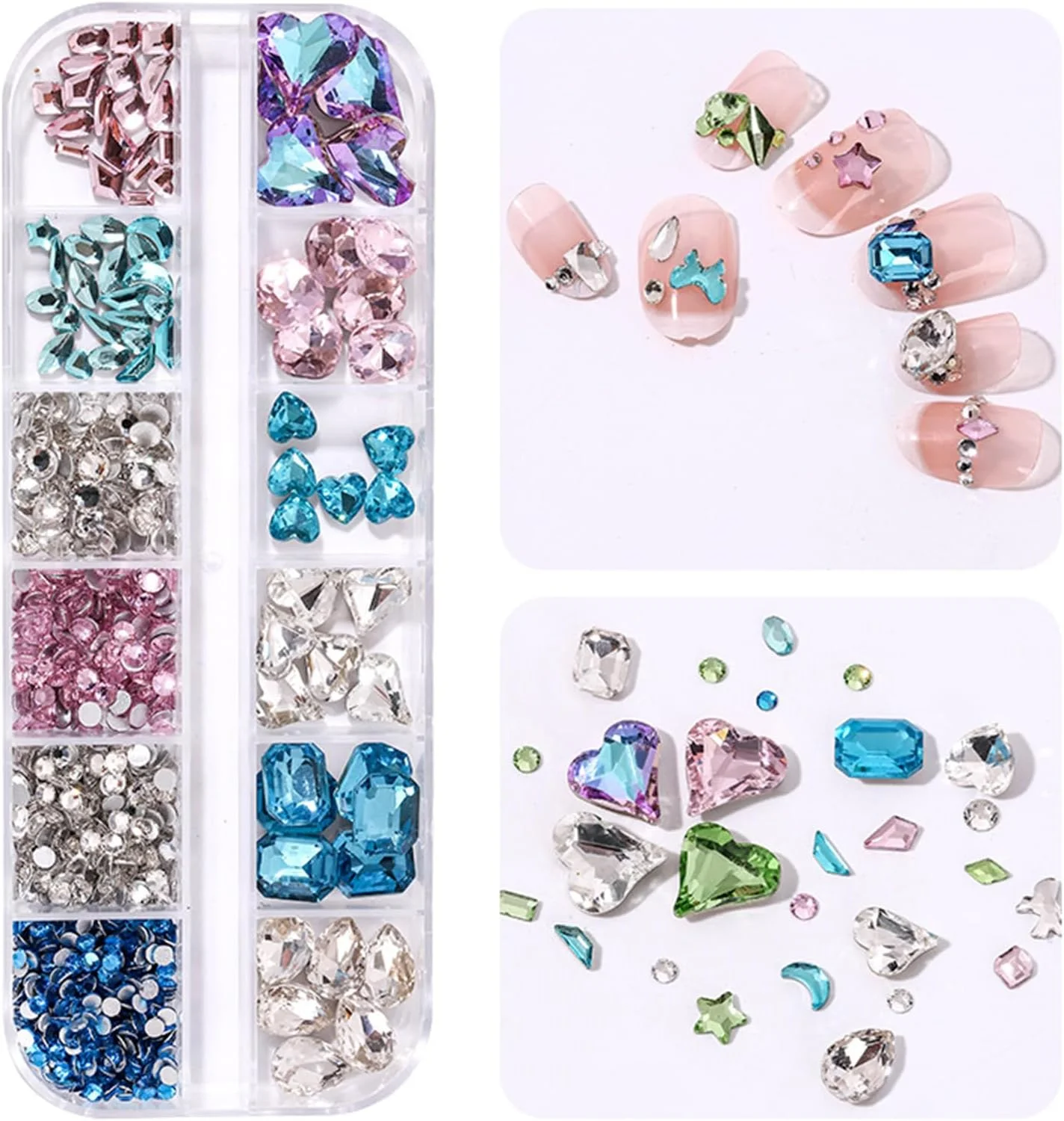 مجموعه مته ناخن 12 خانه Pepisky، مته های نگین دار شکل دار، مته ته تیز، بسته ترکیبی، جواهرات ناخن، مجموعه خودت بساز