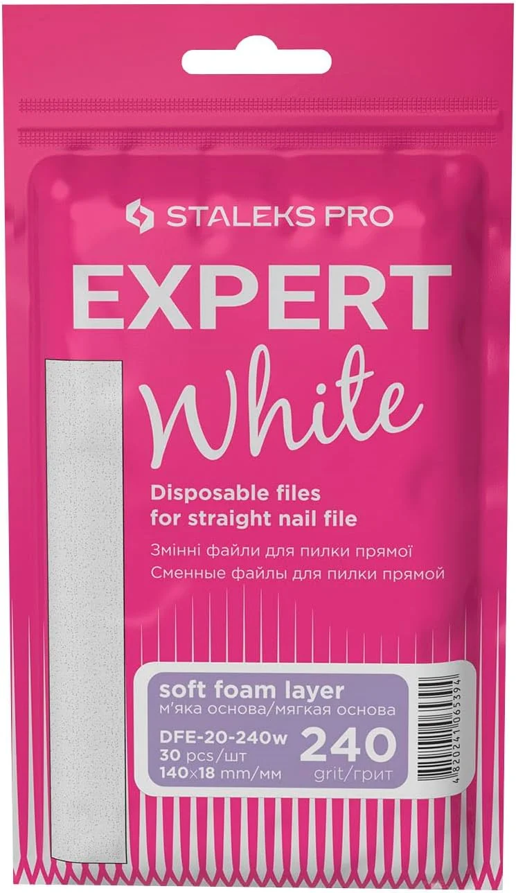 سمباده ناخن یکبار مصرف سفید صاف STALEKS PRO Expert 20 (دانه بندی 240، 30 عدد) - لایه فوم نرم برای پولیش و آماده سازی ناخن (140x18 میلی متر)