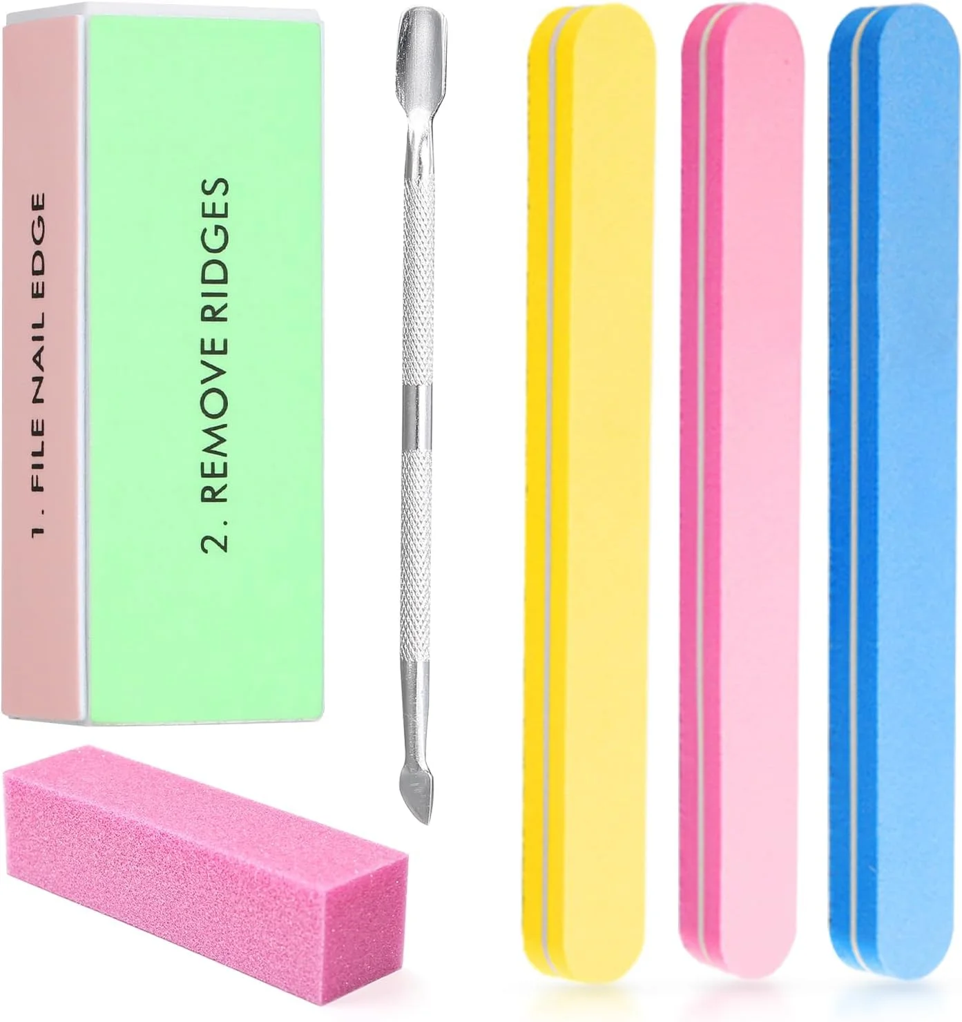 ست ابزار ناخن شامل سوهان ناخن، بافر ناخن، عقب زننده کوتیکول و ابزار مانیکور برای زیبایی ناخن ها