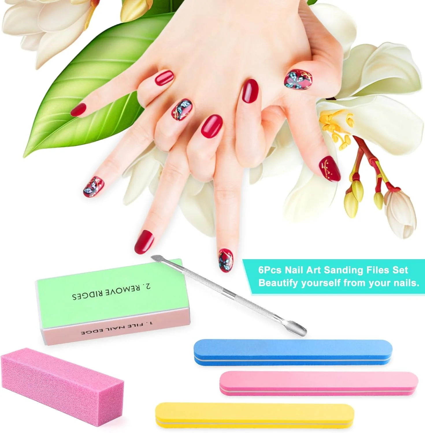 ست ابزار ناخن شامل سوهان ناخن، بافر ناخن، عقب زننده کوتیکول و ابزار مانیکور برای زیبایی ناخن ها