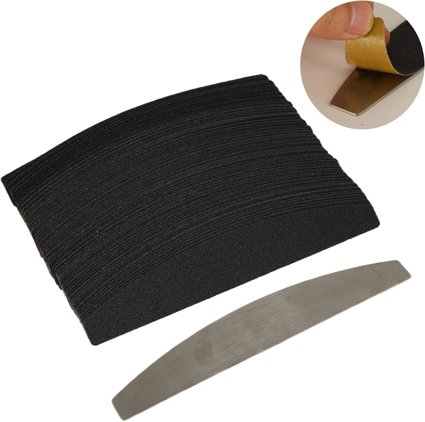 100 عدد سوهان ناخن هلالی ماه، ست آلیاژ فولاد ضد زنگ، تخته پایه فولاد ضد زنگ، استیکرهای تعویضی سوهان ناخن خانگی