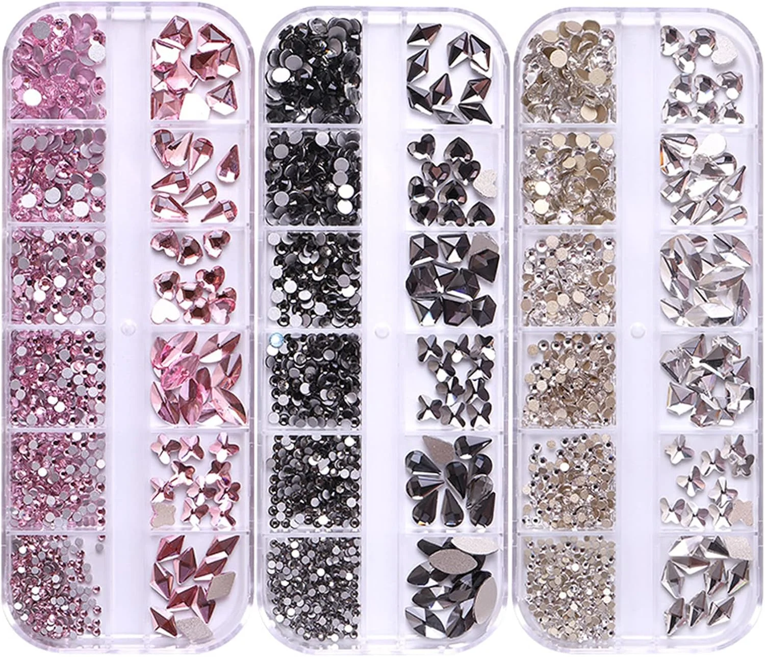 جعبه‌ی بلند پپیسکی شامل 12 خانه نگین تخت و نگین‌های خاص، ترکیبی برای تزئین خیره‌کننده‌ی ناخن و لوازم جانبی DIY