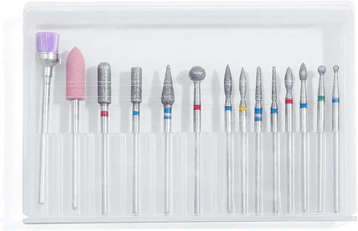 ست ۱۴ عددی سر سوهان الماسه ناخن برای سوهان کشی، پولیش و از بین بردن مواد کاشت ژل و اکریلیک، از بین برنده پوست های اضافه دور ناخن، ابزار مانیکور و پدیکور به همراه جعبه پلاستیکی