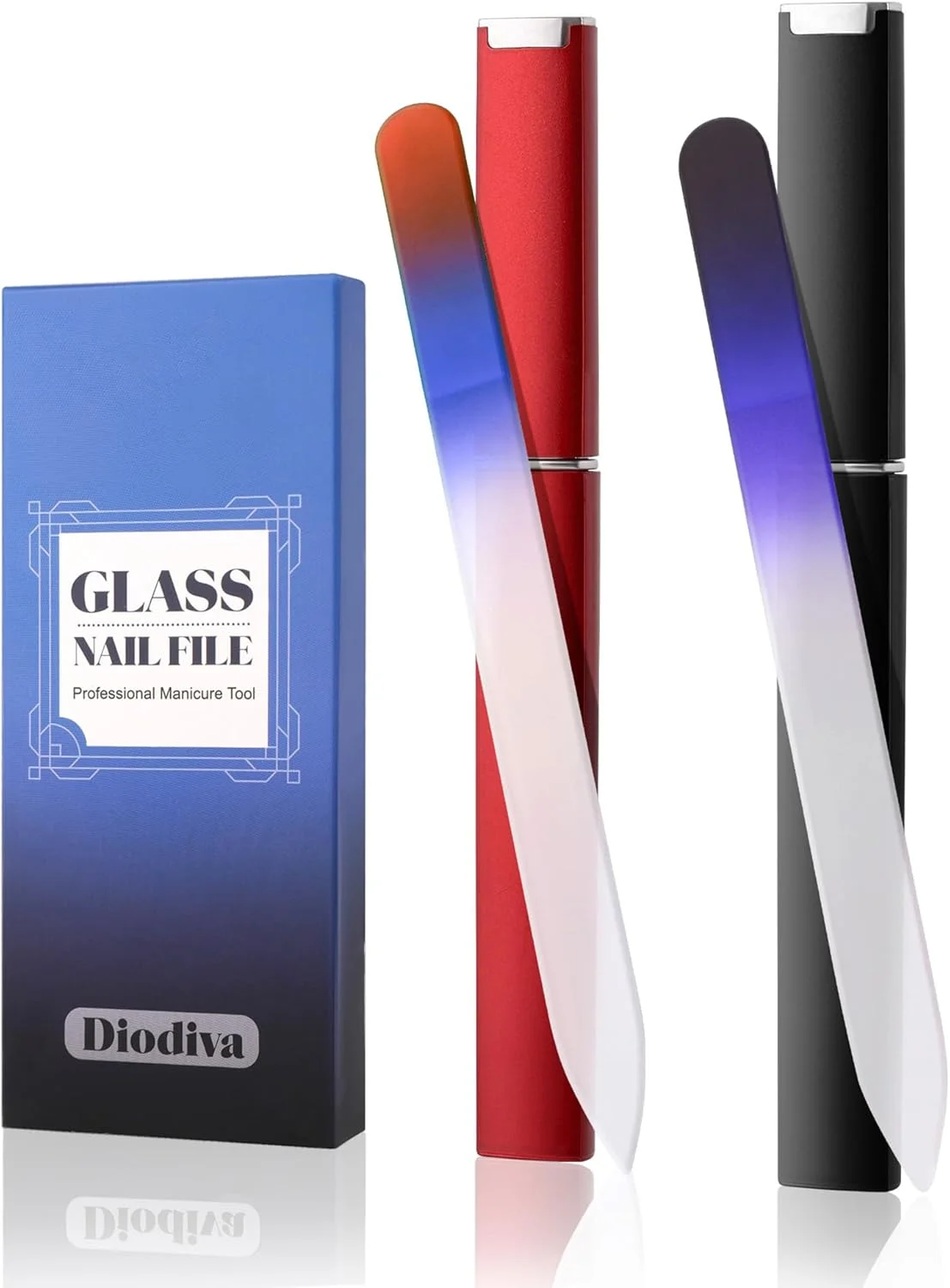 ست دو عددی سوهان ناخن شیشه ای Diodiva با ضخامت 2 میلی متر، سوهان ناخن کریستالی با جعبه، دانه بندی ظریف، مشکی و قرمز