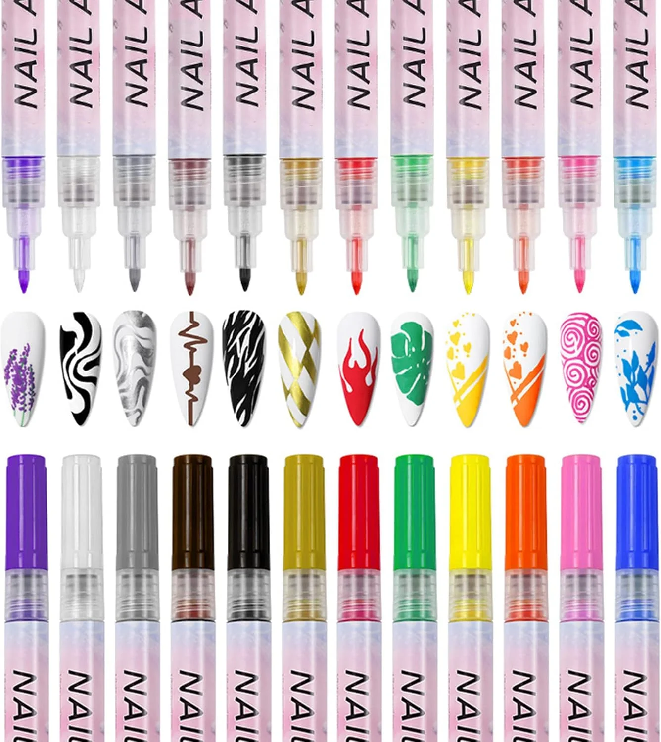 ست ۱۲ عددی قلم طراحی ناخن چند رنگ سه بعدی، مناسب طراحی نقطه ای، گل و نقاشی ظریف