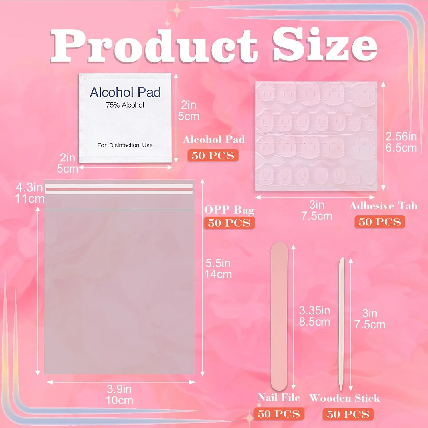 مجموعه 50 عددی ابزار مانیکور یکبار مصرف شامل 50 عدد سوهان ناخن، 50 عدد چسب ناخن، 50 عدد پد تمیز کننده، 50 عدد چوب مانیکور، 50 عدد کیسه OPP، کیت آماده سازی ناخن برای سالن و منزل (B)