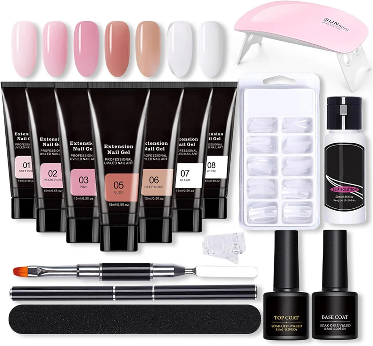 کیت ژل اکستنشن ناخن Irovami با مینی لامپ ناخن UV، ژل های اکستنشن، برس، تیپ های ناخن مصنوعی، گیره تیپ اکستنشن ناخن، بیس کت، تاپ کت برای کیت مبتدی هنر ناخن