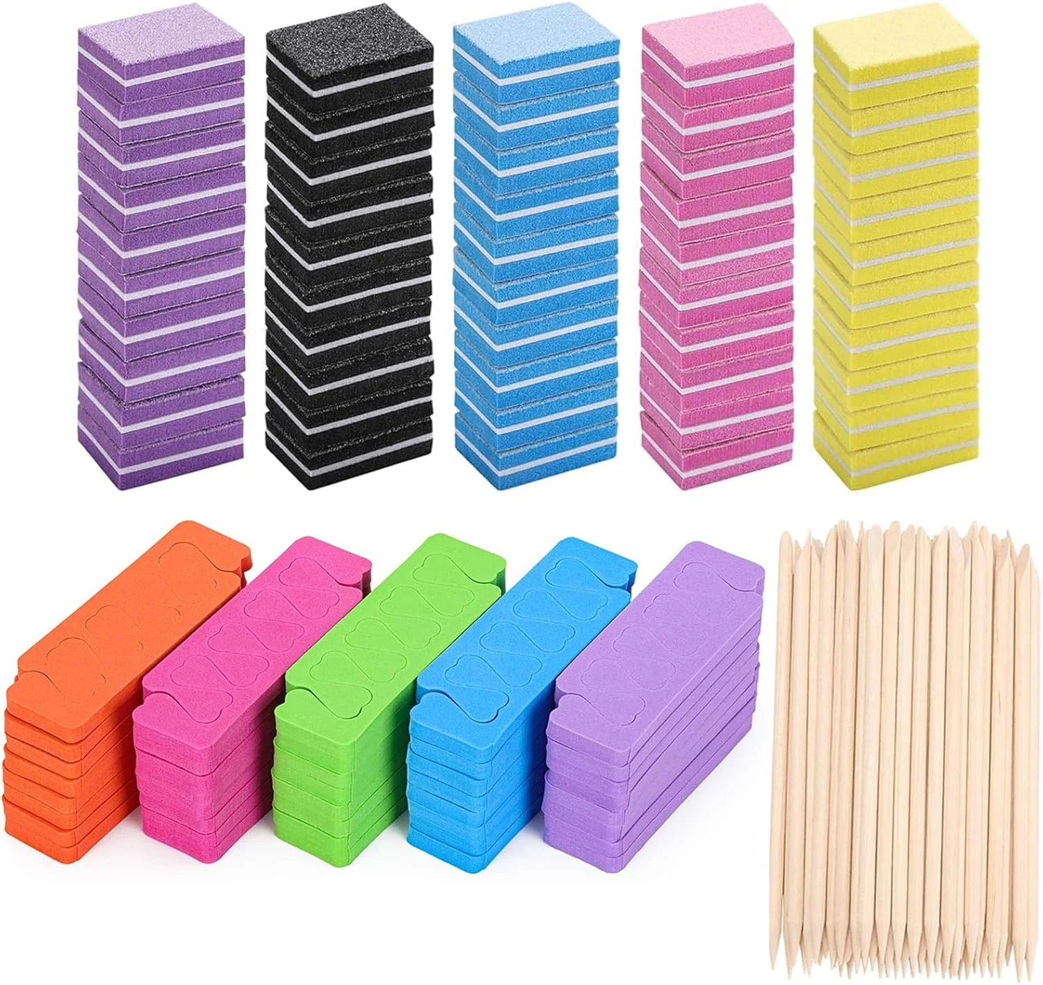 مجموعه 200 عددی بافر ناخن Tecbeauty - 50 عدد مینی بلاک بافرینگ حرفه ای 100/180، 50 عدد جداکننده انگشت پا، 100 عدد چوب ناخن چوبی نارنجی برای عقب راندن کوتیکول