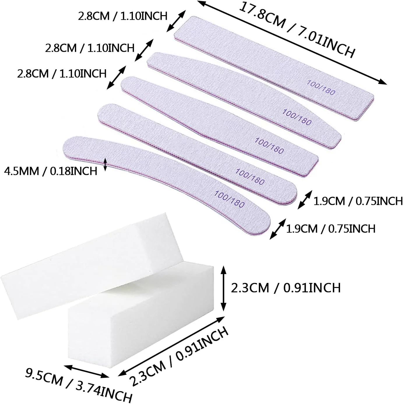 ۱۳ عدد سوهان ناخن و بافر ناخن سفید، ۵ عدد سوهان ناخن حرفه ای با درجه زبری ۱۰۰/۱۸۰، ۸ عدد بافر ناخن با درجه زبری ۱۲۰، سمباده زنی، صاف کردن، شکل دادن و براق کردن برای ناخن های طبیعی، اکریلیک و ژلی