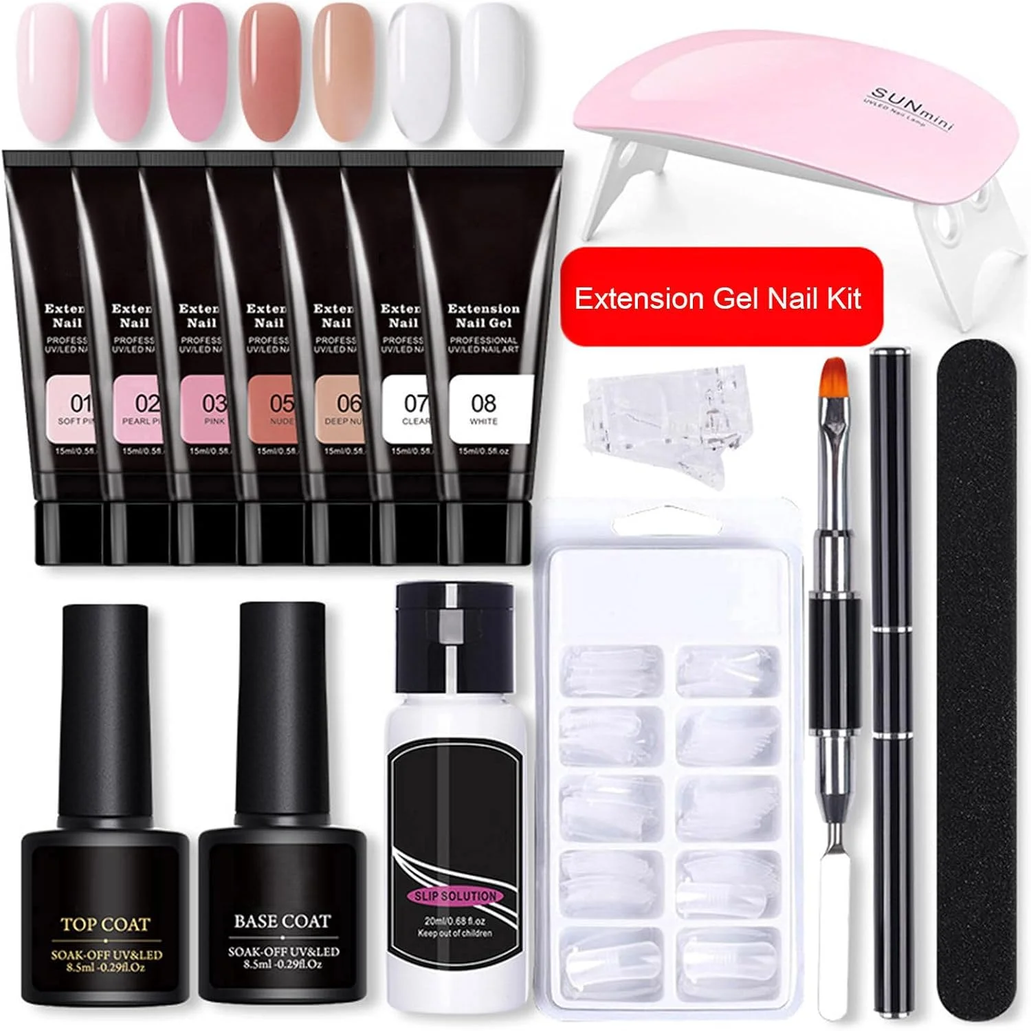 کیت ژل اکستنشن ناخن Irovami با مینی لامپ ناخن UV، ژل های اکستنشن، برس، تیپ های ناخن مصنوعی، گیره تیپ اکستنشن ناخن، بیس کت، تاپ کت برای کیت مبتدی هنر ناخن