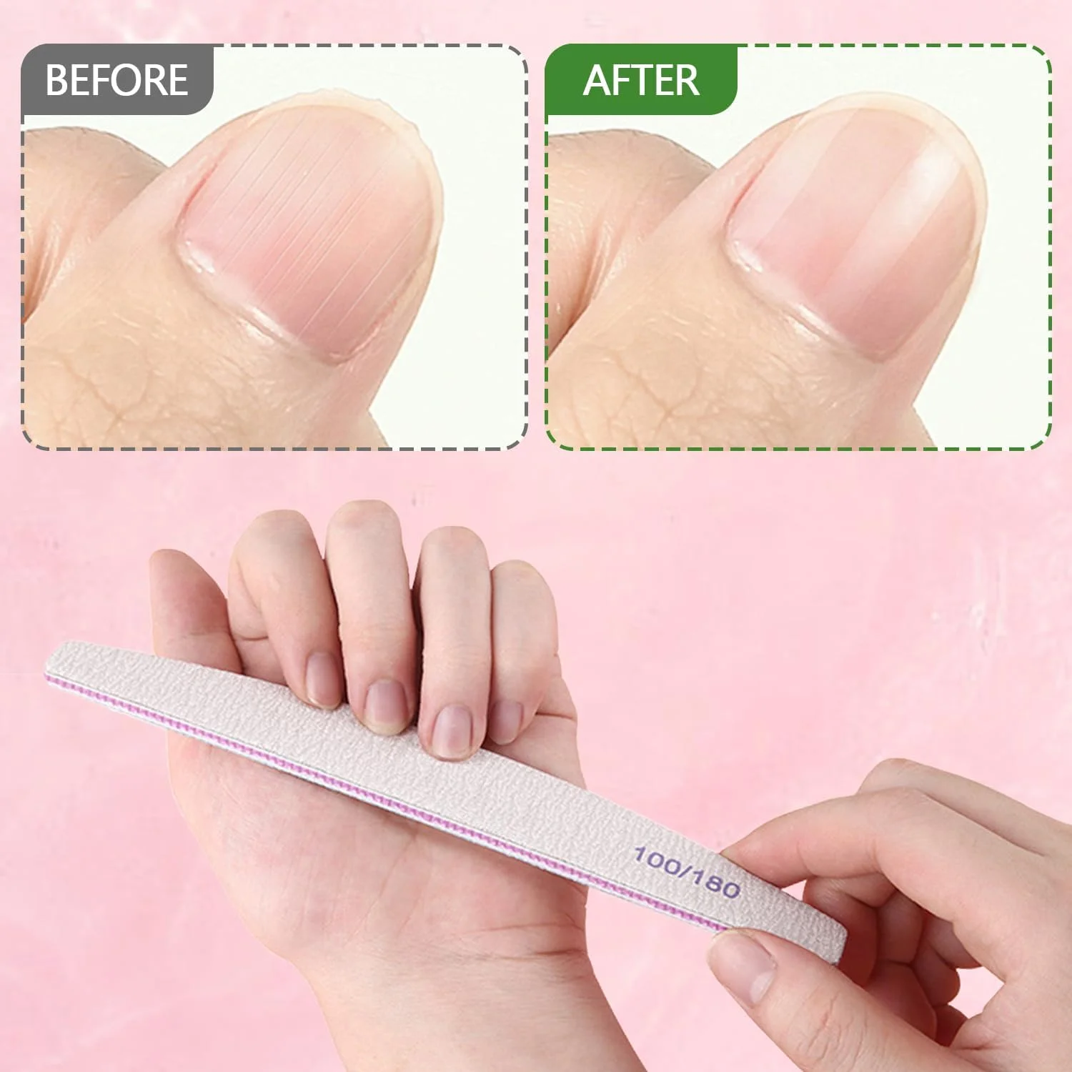 ۱۳ عدد سوهان ناخن و بافر ناخن سفید، ۵ عدد سوهان ناخن حرفه ای با درجه زبری ۱۰۰/۱۸۰، ۸ عدد بافر ناخن با درجه زبری ۱۲۰، سمباده زنی، صاف کردن، شکل دادن و براق کردن برای ناخن های طبیعی، اکریلیک و ژلی