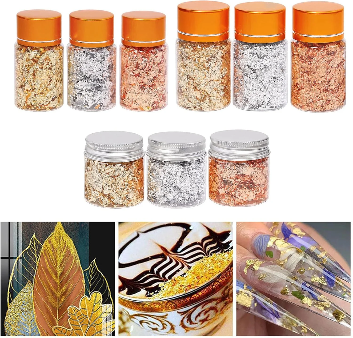 3 بطری ورق طلا، پولک های تزئینی ساخته شده از ورق قلع برای ناخن، نقاشی، صنایع دستی، اسلایم و ساخت جواهرات رزینی - رنگ های طلایی، نقره ای و مسی XB01