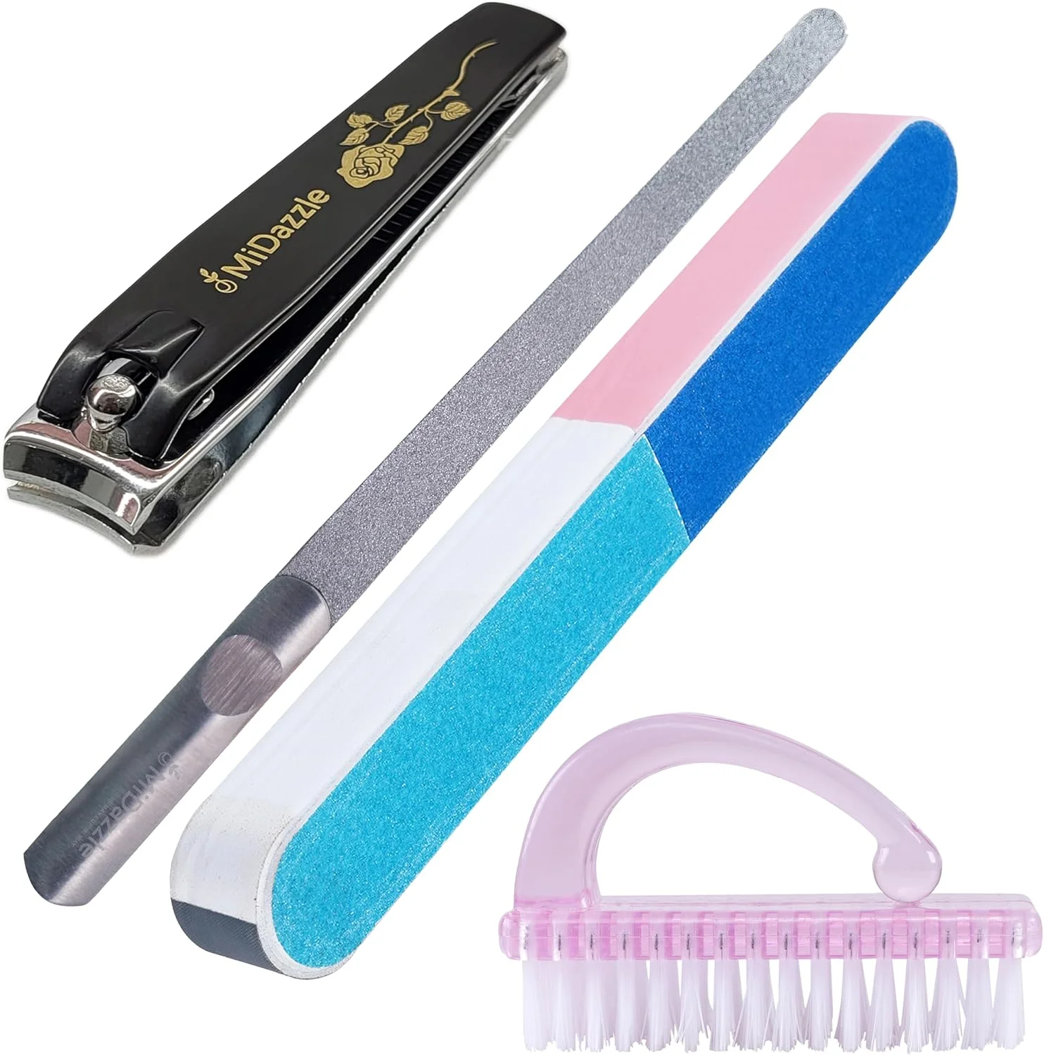 ست چهارتایی شامل ناخن گیر + سوهان ناخن استیل + بافر ناخن 7 طرفه و برس ناخن