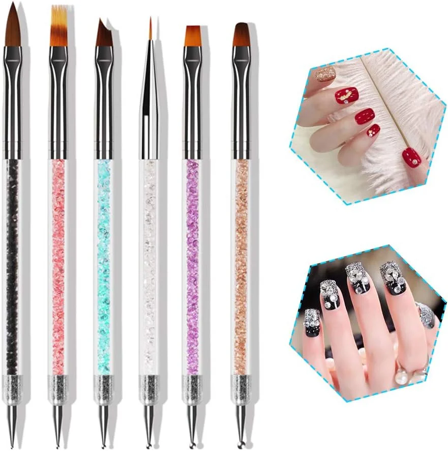 مجموعه 6 عددی قلم طراحی ناخن جولریتیک، قلم نقطه گذاری طراحی ناخن ژل UV، دسته اکریلیک، نگین های بدلیجات کریستالی، برس دو طرفه، کیت ابزار مانیکور تزئین سالن