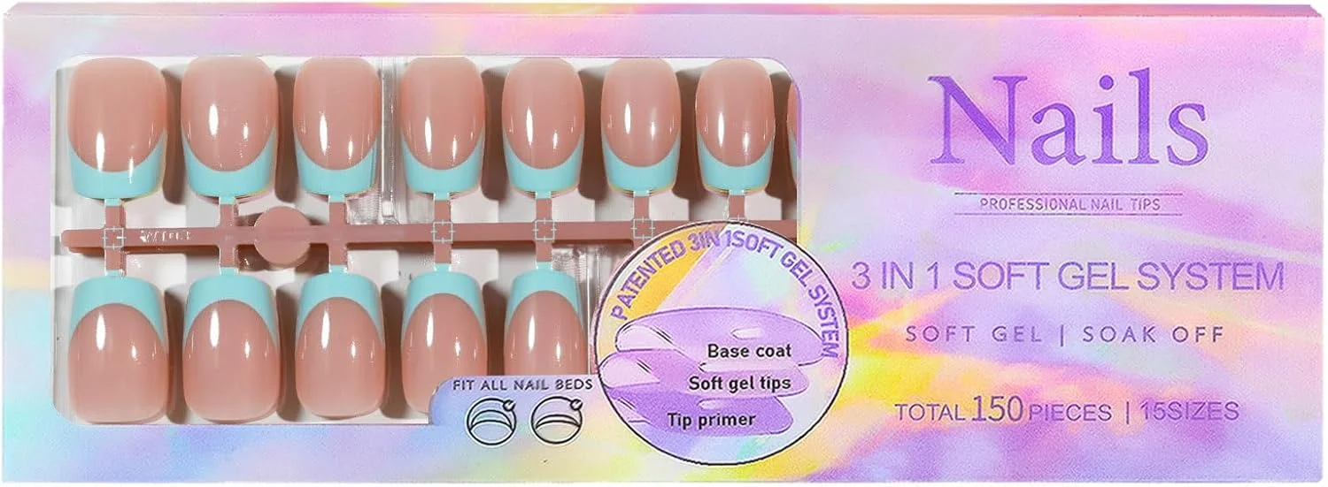 فاوونو 150 عدد تیپ ناخن ژلی فرنچ، 5 رنگ، تیپ فرنچ چسبی، 15 سایز ناخن مصنوعی برای طراحی ناخن DIY، پرایمر و بیس کت از قبل اعمال شده