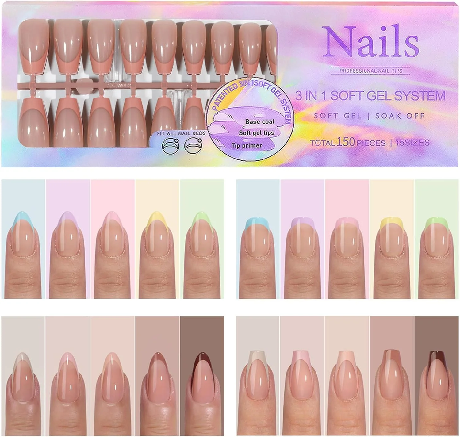 فاوونو 150 عدد تیپ ناخن ژلی فرنچ، 5 رنگ، تیپ فرنچ چسبی، 15 سایز ناخن مصنوعی برای طراحی ناخن DIY، پرایمر و بیس کت از قبل اعمال شده