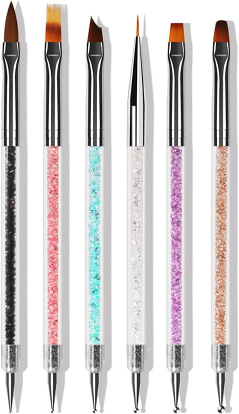 مجموعه 6 عددی قلم طراحی ناخن Fawoonu، مناسب برای طراحی ناخن، ژل UV، قلم نقطه گذاری ناخن، دسته اکریلیک، نگین های کریستالی، برس دو طرفه، مناسب برای تزئین سالن و ابزار مانیکور