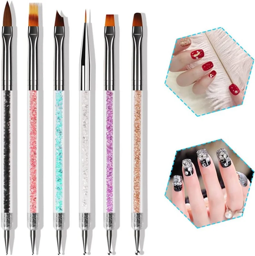 مجموعه 6 عددی قلم طراحی ناخن Fawoonu، مناسب برای طراحی ناخن، ژل UV، قلم نقطه گذاری ناخن، دسته اکریلیک، نگین های کریستالی، برس دو طرفه، مناسب برای تزئین سالن و ابزار مانیکور