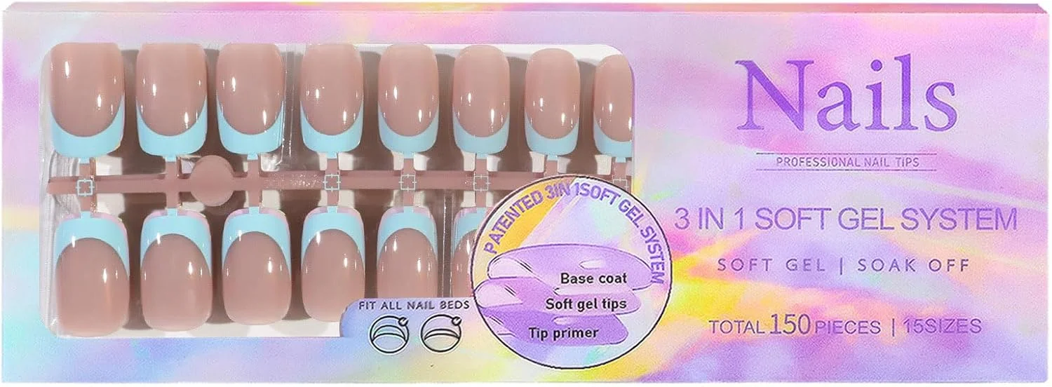 جیلیتیک 150 عدد تیپ ناخن ژلی فرنچ 5 رنگ، تیپ فرنچ چسبی، 15 سایز ناخن مصنوعی برای طراحی ناخن DIY، دارای پرایمر و بیس کت از قبل اعمال شده