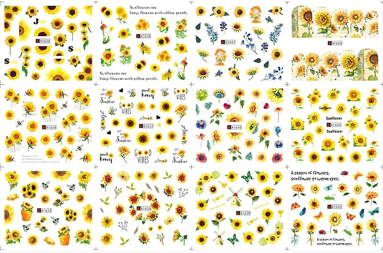 برچسب ناخن طرح گل آفتابگردان و گل مینا، برچسب های تزئینی ناخن، ست مانیکور برای استفاده در سالن و منزل