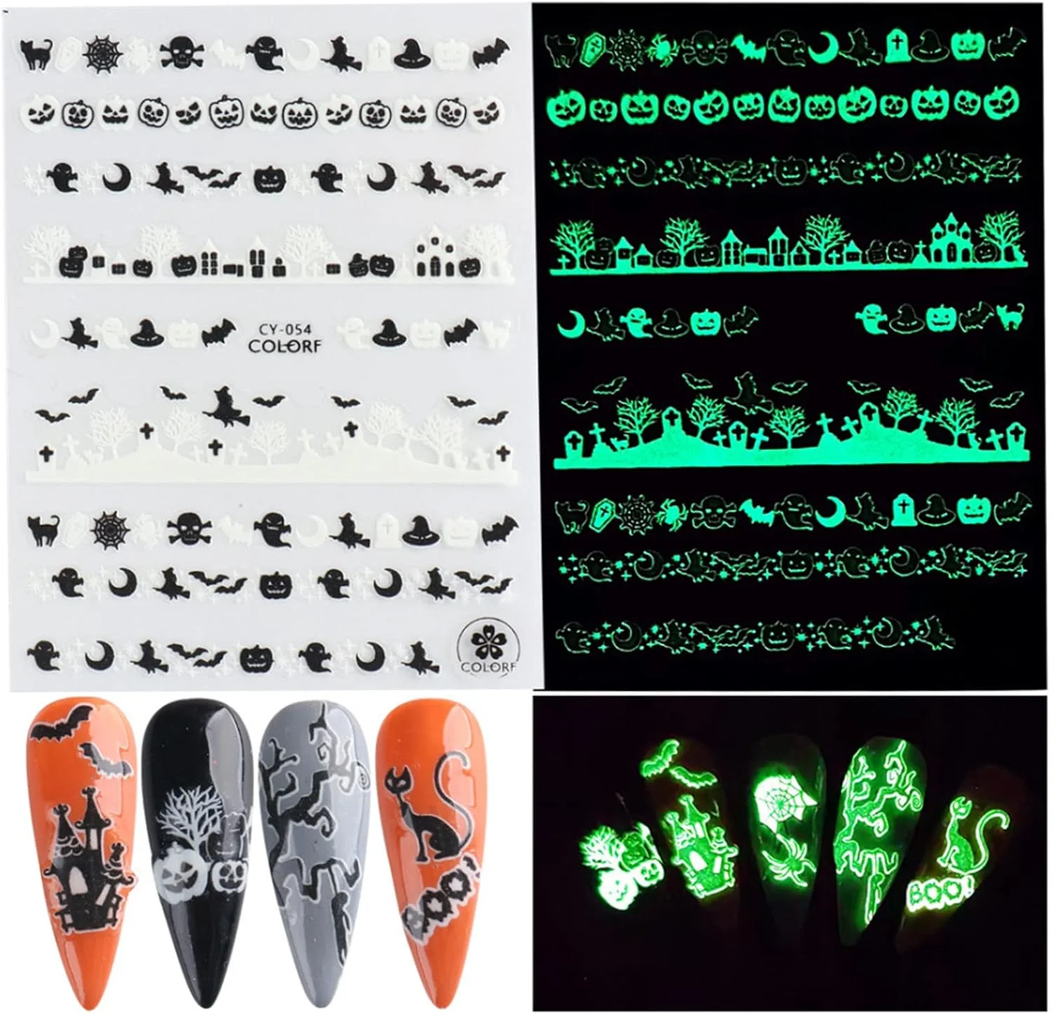 یک برگ استیکر ناخن سه بعدی، برچسب های ناخن چسبی طرح شب تاب، تزئین ناخن طرح شبح، خفاش، تار عنکبوت، کدو تنبل، جادوگر