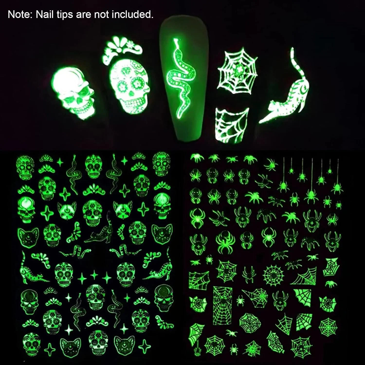 یک برگ استیکر ناخن سه بعدی، برچسب های ناخن شب تاب، تزئینات چسبی ناخن، شبح، خفاش، تار عنکبوت، کدو تنبل، جادوگر، تزئین نوک ناخن