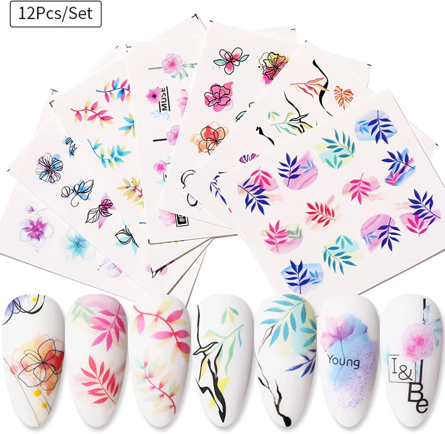 مجموعه 12 عددی برچسب ناخن، استنسیل طراحی ناخن، فویل های چسبی تزئینی DIY یوشاپ